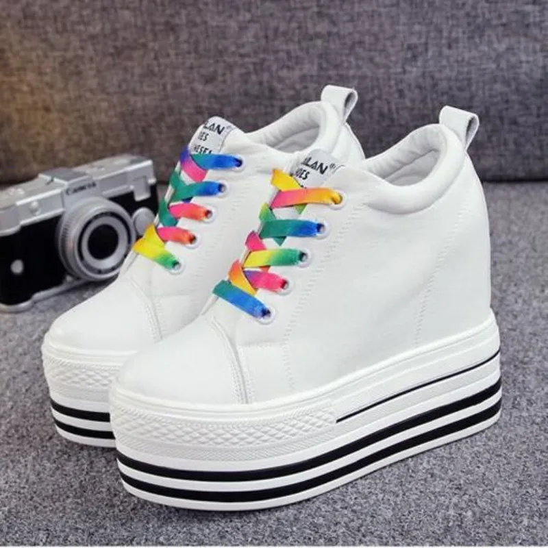 2023 New 12CM Heels Wedge Canvas Shoes Woman High Platform Sneakers Vulcanized Shoes Hidden Heel Height Increasing Casual Shoes