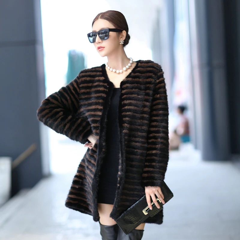 

Winter Women's Genuine Real Knitted Mink Fur Coats Color Striped Lady Outerwear Garment VF0117