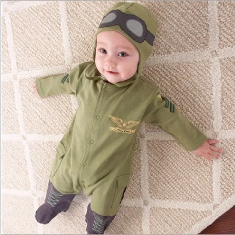 Army Green Baby Rompers Pilot Airman Costumes Baby Boy Clothes Hat Space Jumpsuit + Cap Fly Aviator\'s Helmet Without Foot Cotton