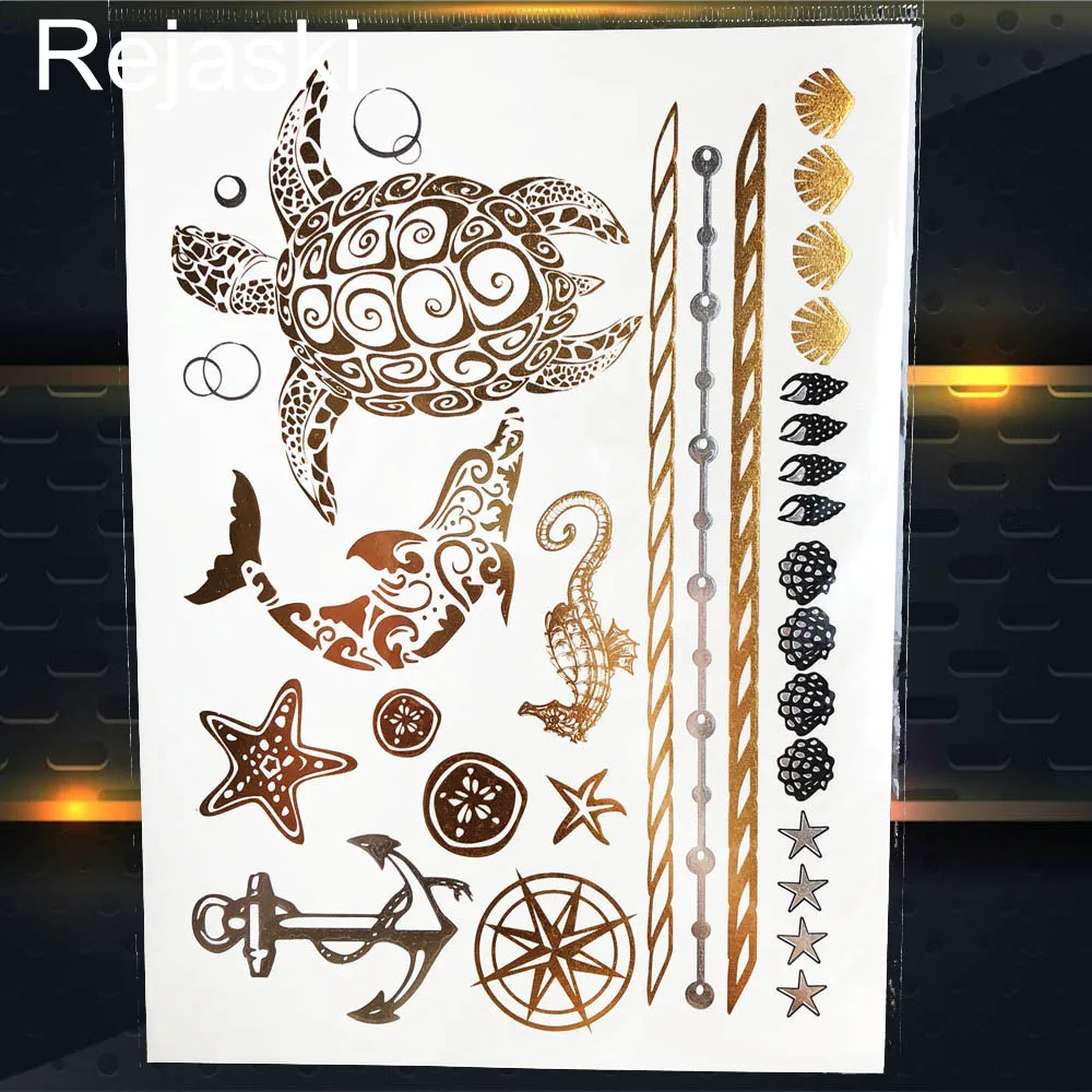 Gold Sun Moon Metallic Waterproof Tattoo Flower Girl Hand Temporary Tattoo Sticker Star Body Art Flash Fake Tatto Bracelet Women