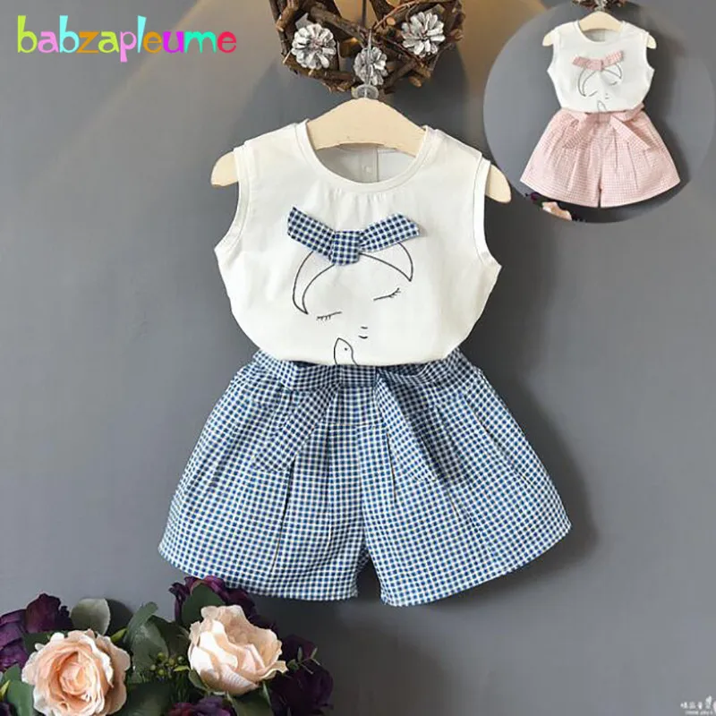 2Piece Sets Summer Girls Boutique Outfits Fashion Print Sleeveless Cotton Baby Tops+Plaid Shorts Korean Kids Clothes BC1835-1