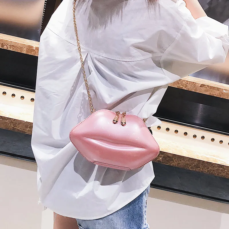 Patent Leather Fashion Sexy Red Lips Design Zipper Chain Pouch Shoulder Bag Ladies Handbag Crossbody Mini Messenger Bag Flap