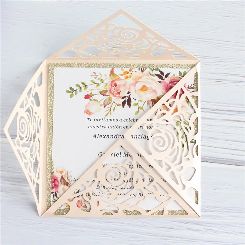 Floral invite wedding with gold glitter insert card lining elegant decoration personalized prinitng 50pcs