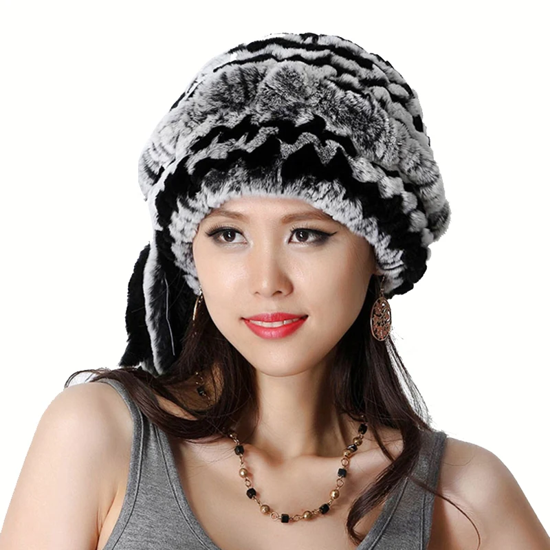 

Handmade Winter Ladies' Real Natural Rex Rabbit Fur Skullies Beanies Hats Women Fur Warm Hats Caps VF0483