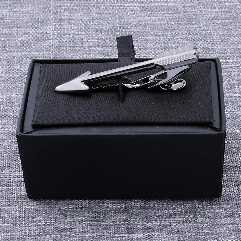 Brand Hawson Fashion Jewelry Tie Bar Gun Metal Arrow Design Tie Clip for Wedding Gift with Luxury Tie Pin Gift Box