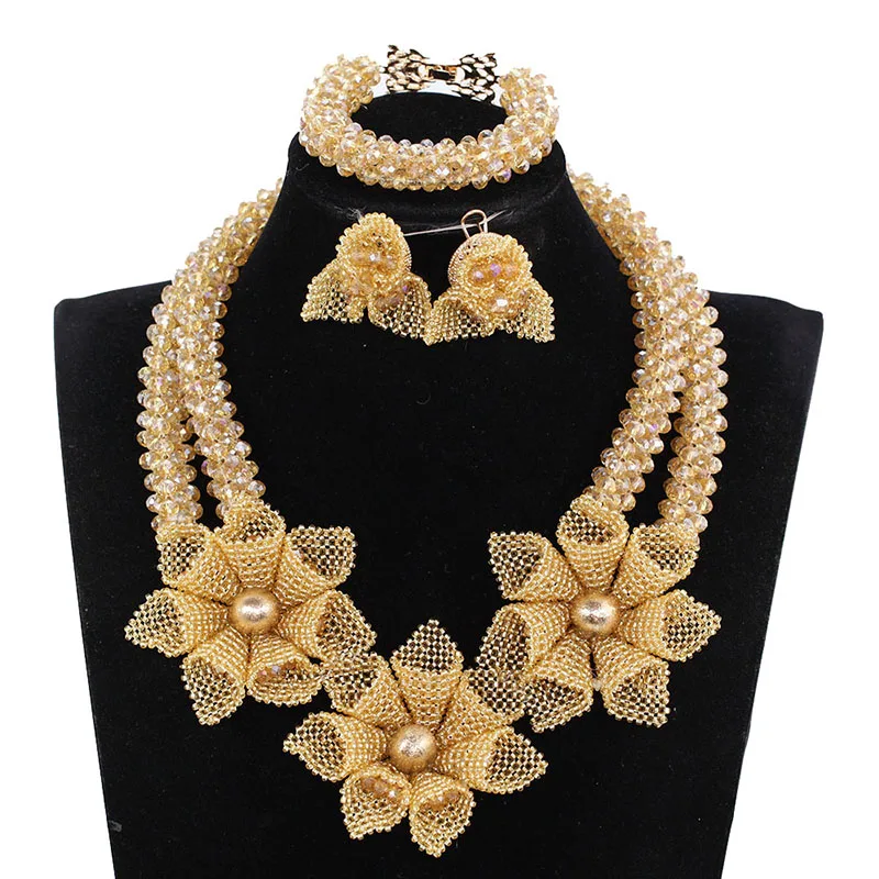 

Indian African Nigerian Wedding Necklace Set New Champagne Gold Chunky Flowers Crystal Bridal Jewelry Sets Free Shipping ABH687