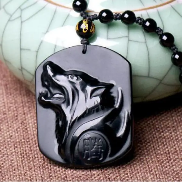 Black Obsidian Wolf Totem Pendant Necklace For Men Wild Nature Shifting Luck With Adjustable Rope And Beads Chain