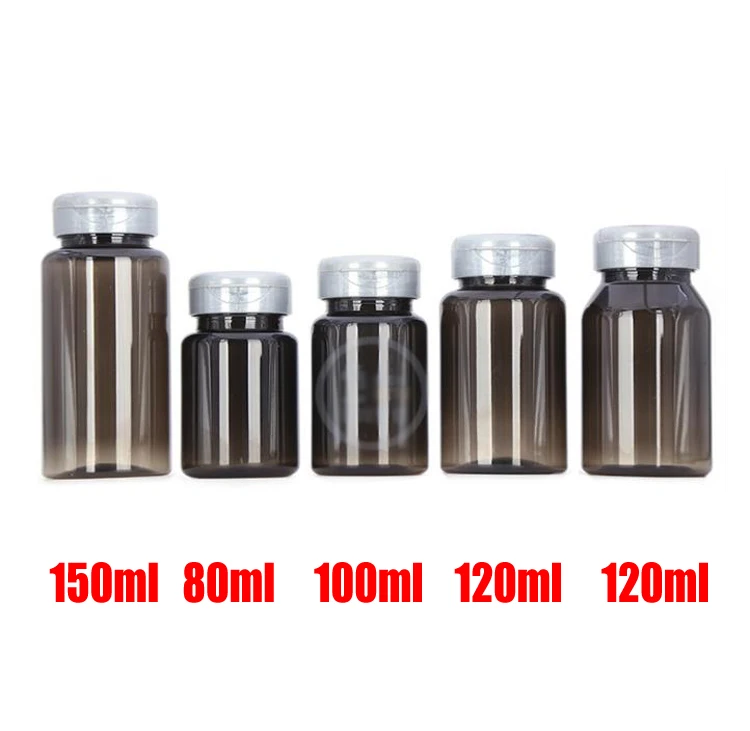 

100pcs Plastic Medical PET Bottles,Capsules/ Pills/Powder Bottles Translucent Black Color with Flip Lid 80ml/100ml/120ml/150ml