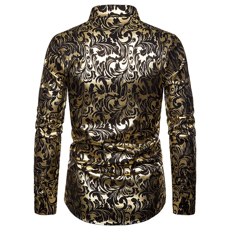 Men\'s Paisley Gold Shiny Print Dress Shirts Luxury Design Slim Fit Button Down Stylish Shirt Men Wedding Party Banquet Chemise