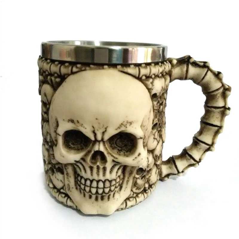 3D Skull Drinking Mug Double Wall Stainless Steel Resin Gothic Helmet Coffee Mugs Skull Bone Coffee Cup Crazy Christmas Gift