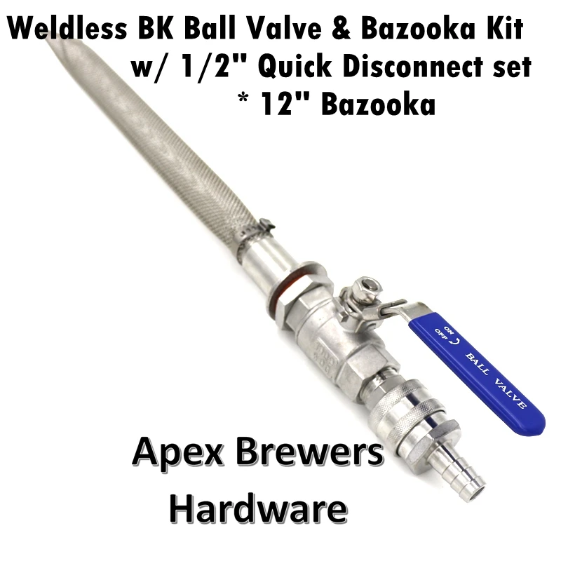 

Weldless Boil Kettle Ball Valve & Bazooka Kit w/ 1/2" Quick Disconnects, 12" Bazooka, 2 Piece SS316 Ball Valve,1/2" Hose Barb,