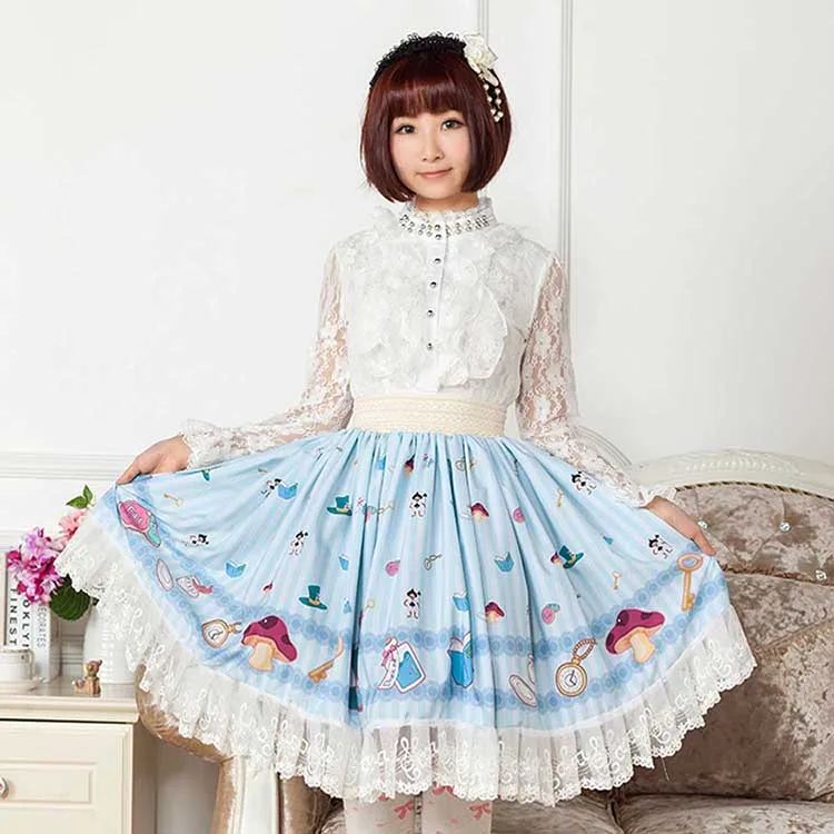 Harajuku Alice in Worldland Style Lolita Princess Lace Mid Skirt Lady Pleated Cartoon Music Note Lace Cotton Quality Bottom