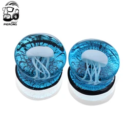 8mm-16mm Blue Translucent Glass Earrings White Jellyfish Logo Ear Plug Tunnel Ear Stretcher Expander Body Jewelry Fashion Oreja