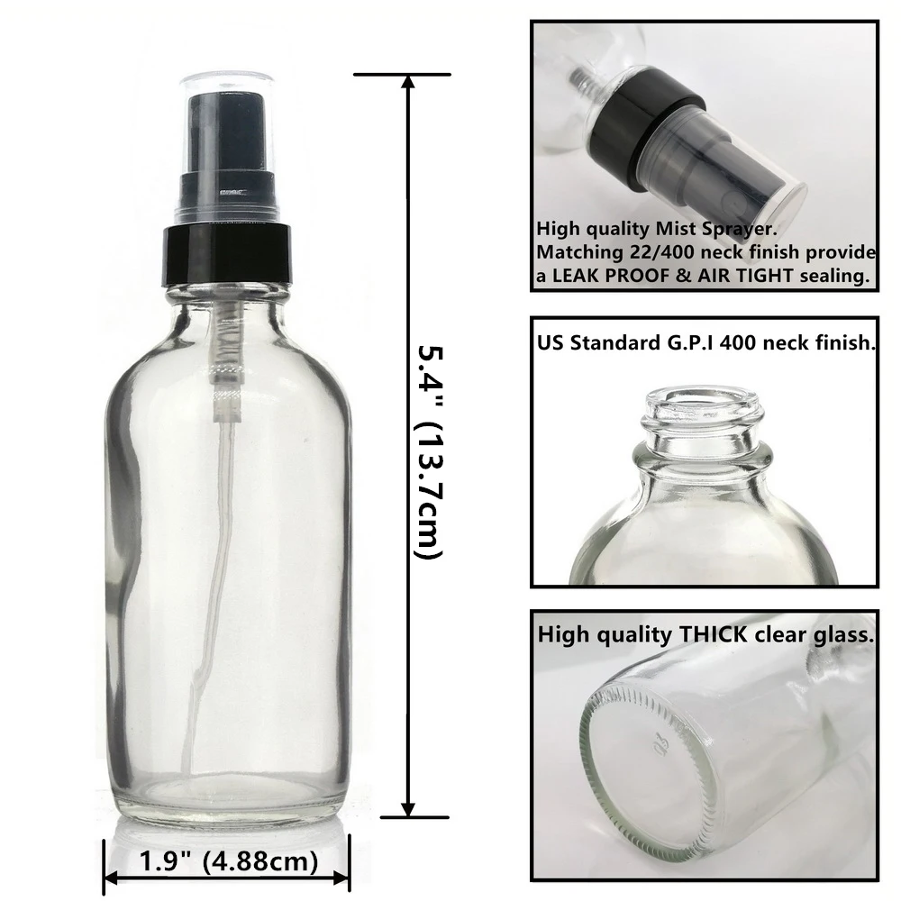 6pcs 120ml Clear Glass Spray Bottle Black Fine Mist Sprayer 4 Oz Refillable Container For Essential Oils Organic Beauty Products