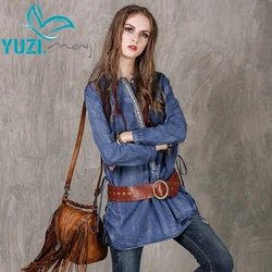 Kobiety bluzki 2017 Yuzi. może Boho nowy Denim Blusas Feminina z długim rękawem O-Neck haft luźne myte koszula kobiety B9131 topy