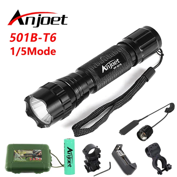 Anjoet Set 501B Tactical flashlight XML-T6 LED 2000LM Waterproof MINI Torch Lamp 18650 Battery For hunting Camping Bike Light