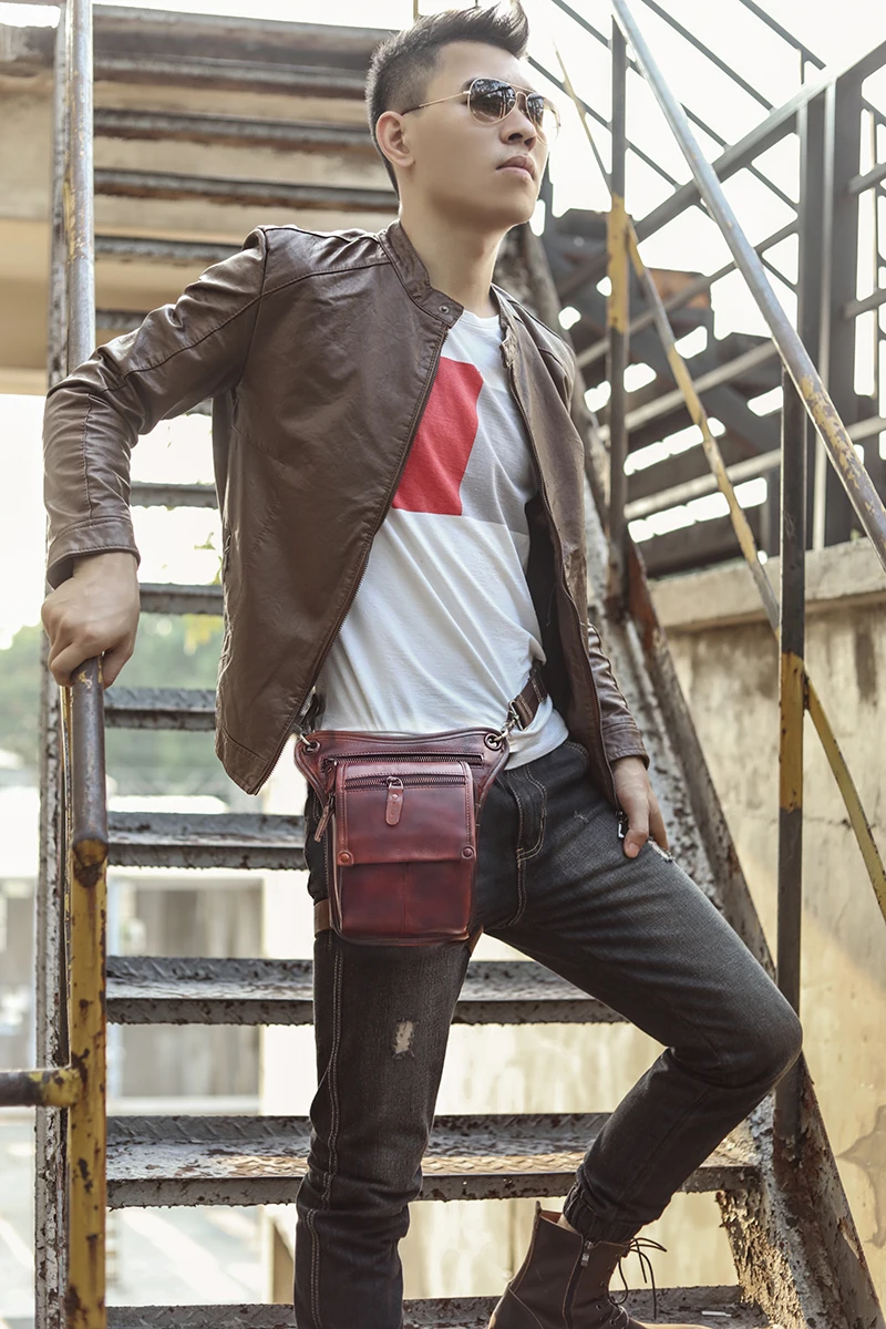 Quality Leather men Multifunction Design Small Messenger Bag Fashion Travel Belt Waist Pack Drop Leg Bag Pouch Male 211-4-l