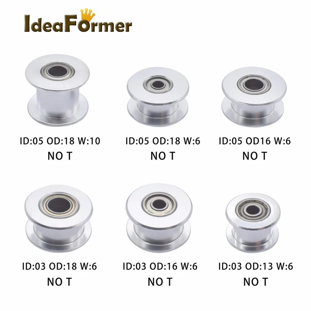 Reprap CNC Idler Pully without teeth 2GT timing pulley with ball bearing 3D printer for 6mm timing belt Bore 3/5mm OD13/16/18mm