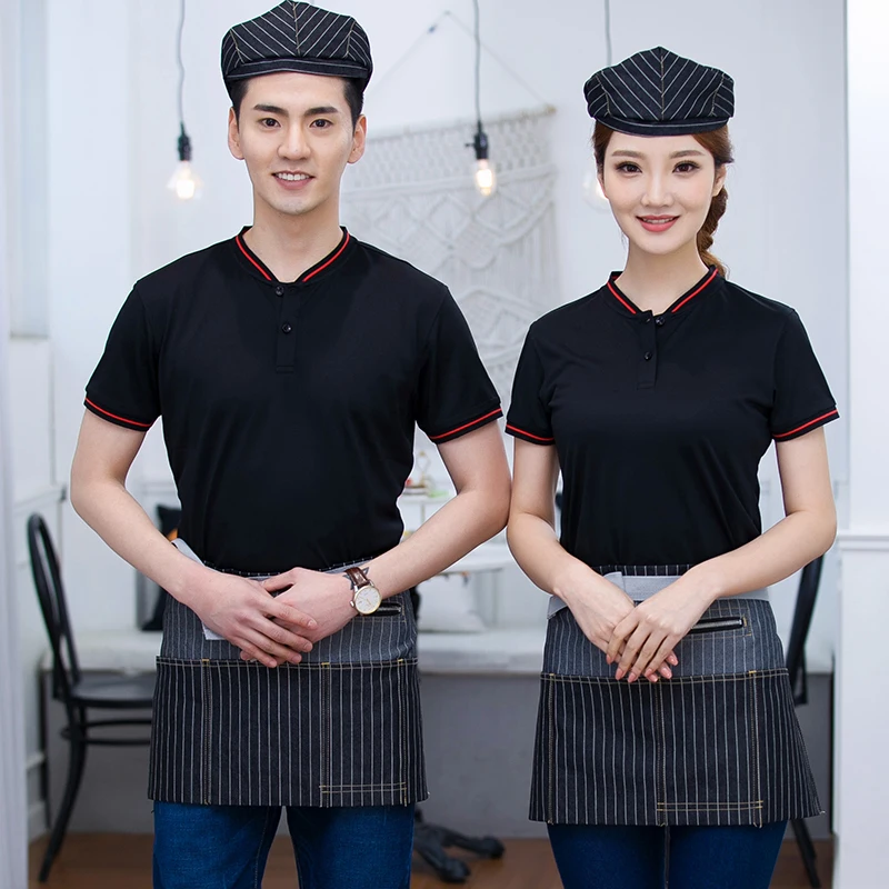 

S to 4XL Big Size Restaurant Waiter Uniform Hotel Summer Working T Shirt+Apron Set Catering Waitress Work Clothing Free Shipping