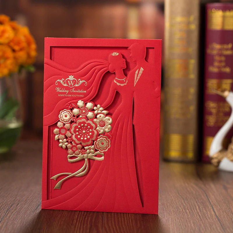 1pcs Red Gold Laser Cut Wedding Invitations Card Bride and Groom Elegant Greeting Card With Envelopes Wedding Party Decorations