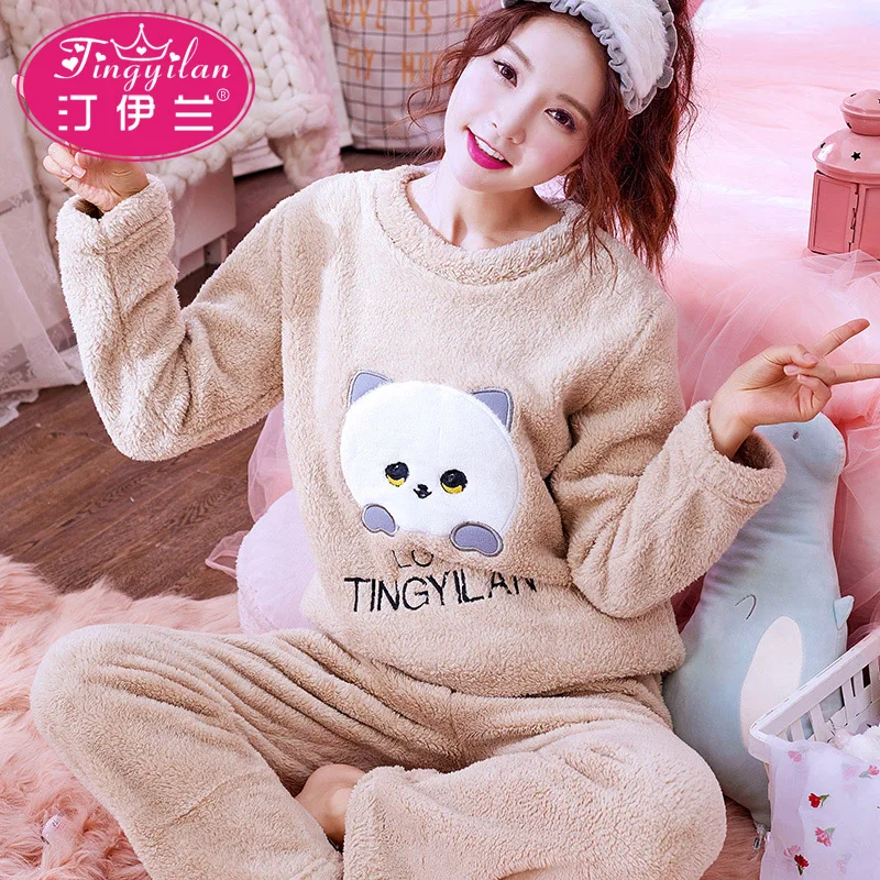 Ladies Pajamas 2pcs Thick Flannel Sleepwear Female Fashion Leisure Nightwear Long Sleeve Pullover Coral Fleece Homewear D-1080