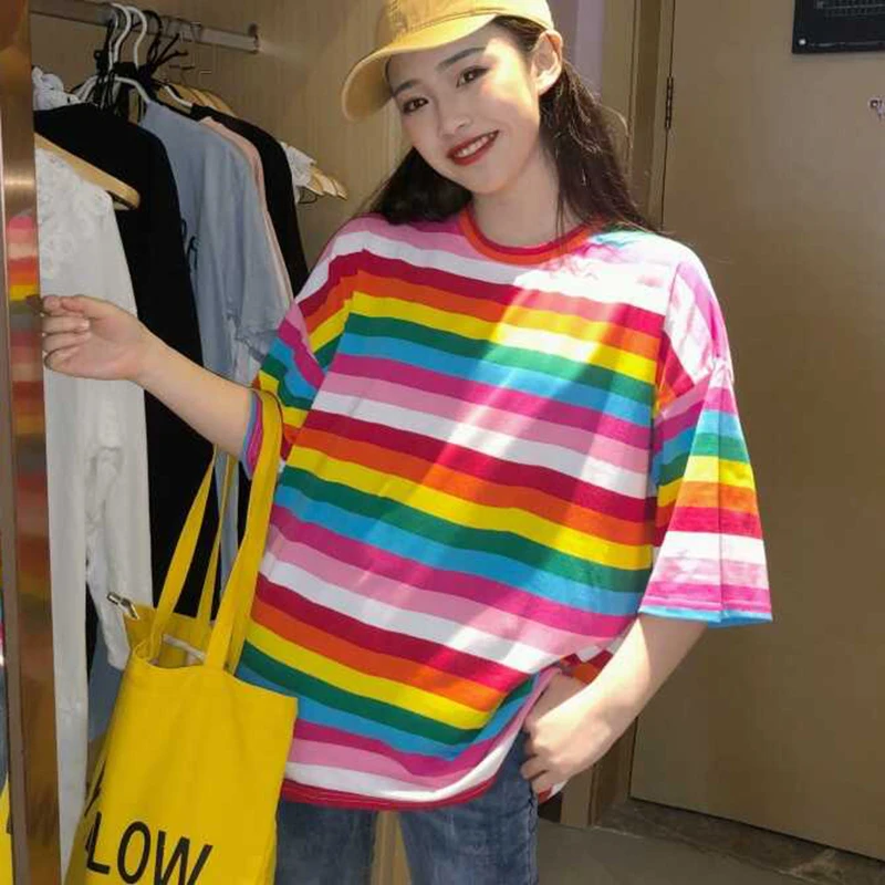 T Shirt Women Rainbow Striped Tops Harajuku Tshirt  Summer Short Sleeve Korean Punk T-shirt camiseta feminina топ image 5