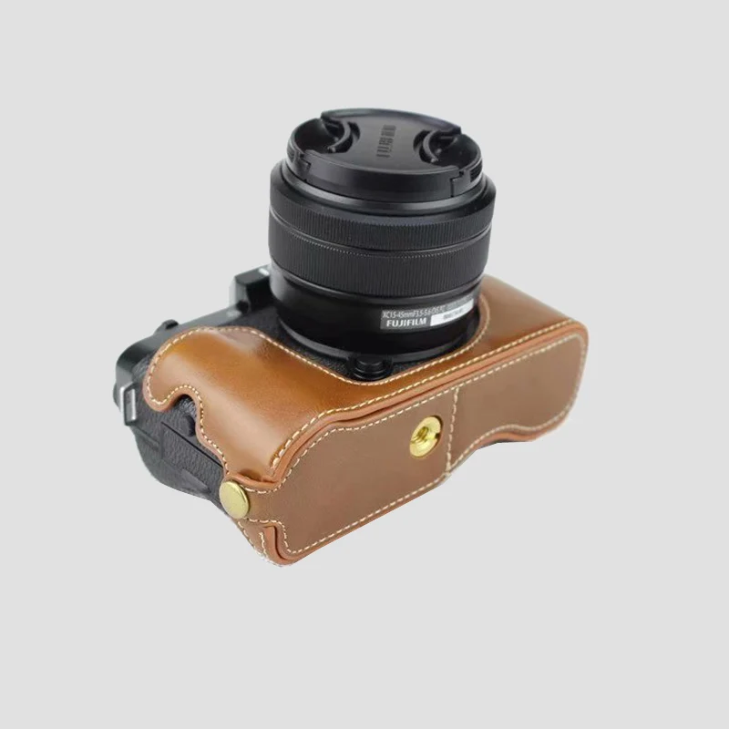 Bolsa de câmera portátil de couro PU para Fujifilm Fuji X-T100 XT100 X T100 Conjunto de meio corpo com abertura de bateria