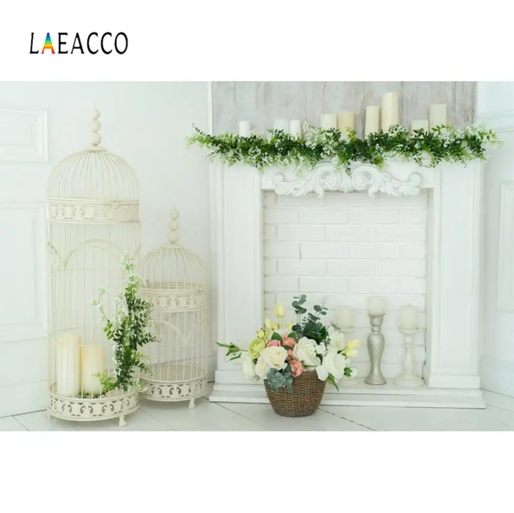 

Laeacco Gray Fireplace Candle Basket Flower Wreath Cage Child Portrait Photo Backdrops Photo Backgrounds Photocall Photo Studio