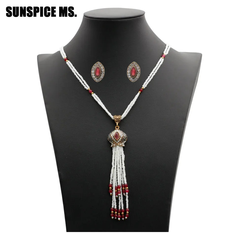 Fashion African Beads Jewelry Sets Charms Nigerian Wedding Long Tassels Necklace Stud Earring For Women Multi Layer Chain 2018