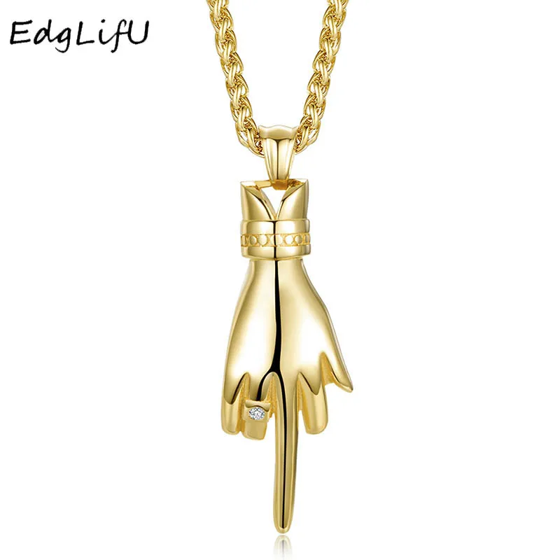 EdgLifU Influx Finger Pendant Necklace Titanium Stainless Steel Necklaces Hip Hop Rap Vertical finger Necklaces Jewelry for Men