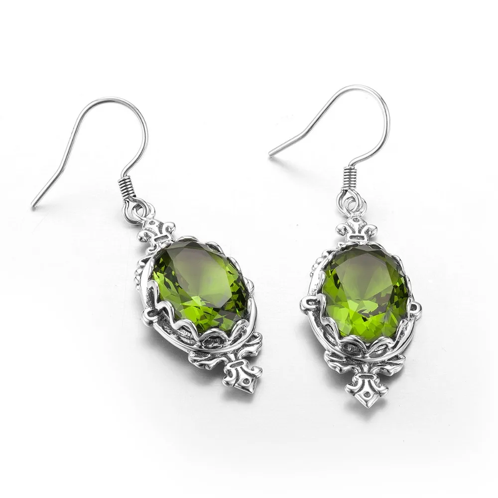 Szjinao Real 100% Sterling Silver Women Peridot Earrings India Oval Shape Gemstone Vintage Ethnic Style Silver 925 Jewelry Gift