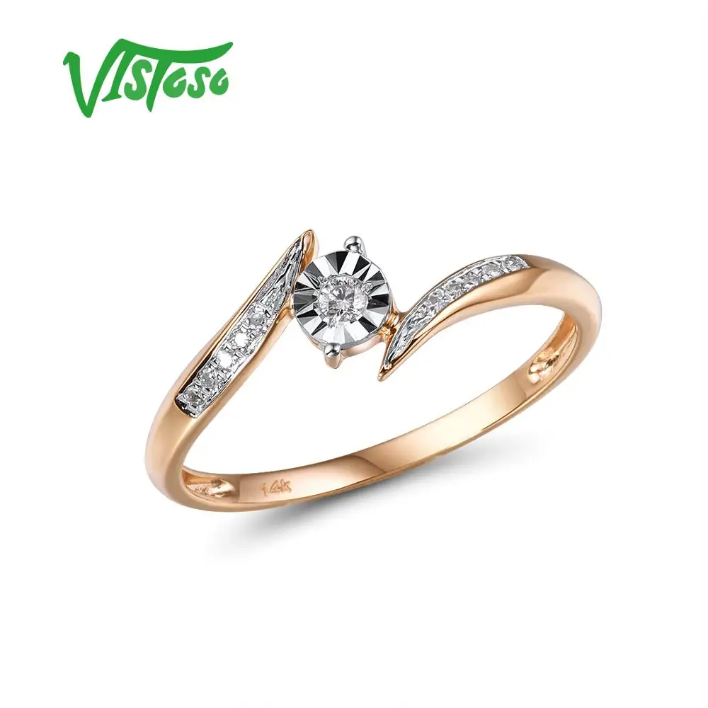 VISTOSO Pure 14K 585 Two-Tone Gold Sparkling Illusion-Set Miracle Plate Diamond Ring For Women Anniversary Trendy Fine Jewelry