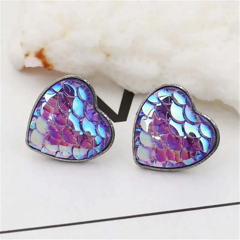 1 Pair Fashion Ear Post Stud Earrings Stainless Steel & Resin Mermaid Fish/ Dragon Scale  Heart AB Color Jewelry 13 x 13mm