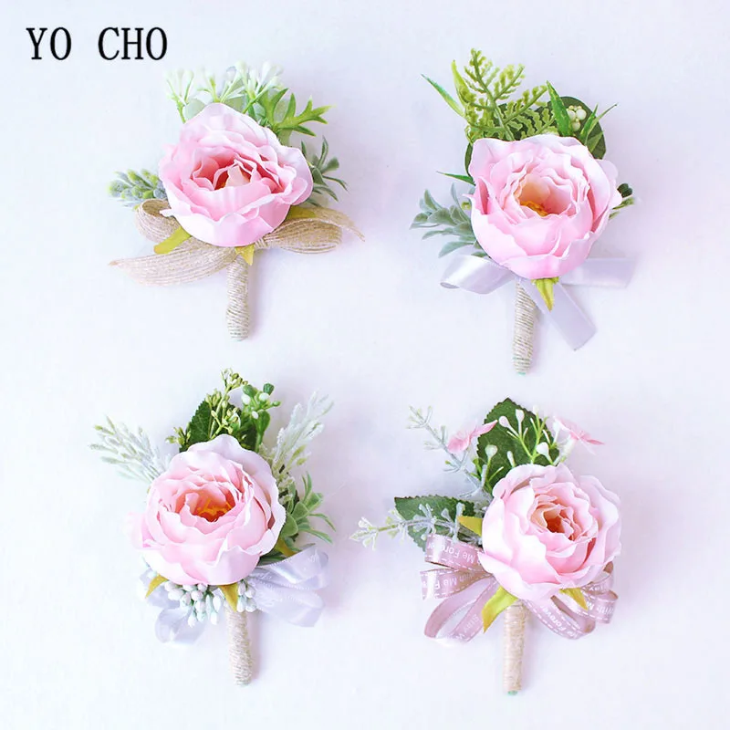 YO CHO-Corsages de muñeca de boda, traje de flores, decoración de boda, rosa de seda, flor de novio, alfileres de broche de boda, graduación, blanco y rosa