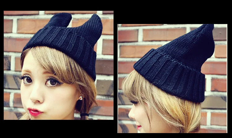

120pcs/lot Lovely Cat Ear Style Knitted Hat Soft Warm Winter Elastic Acrylic Blended Beanie Candy Color