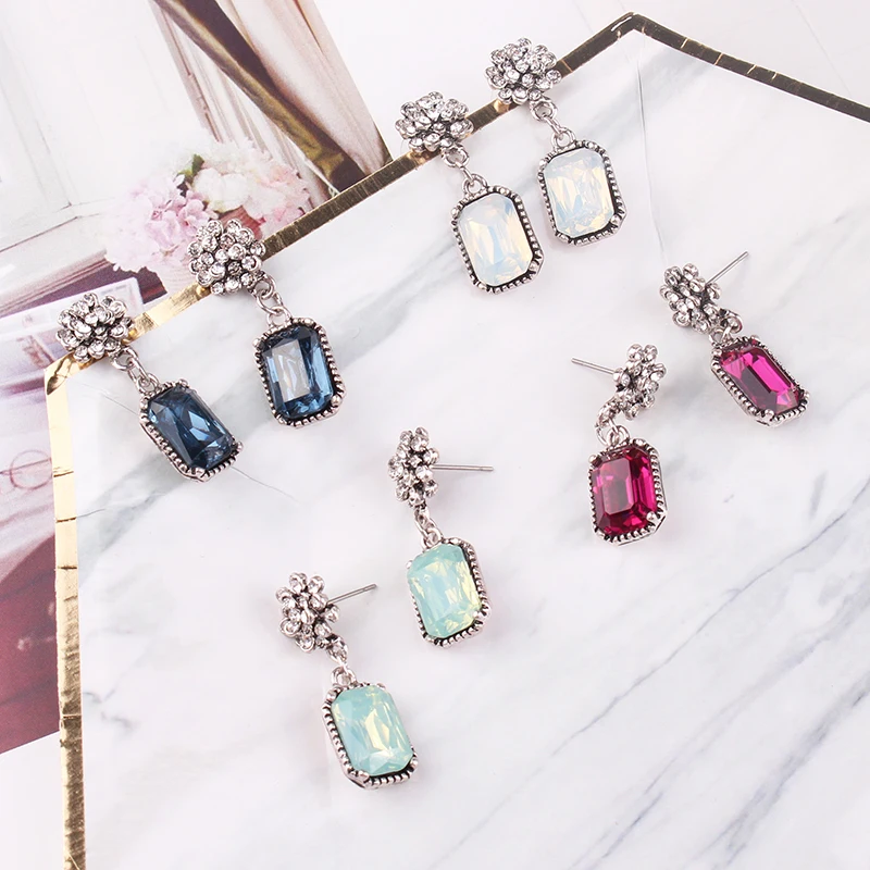 Multiple Crystal Stone Drop Earrings Square Candy Color Dangle Earrings for Women Christmas Party Gift Jewelry