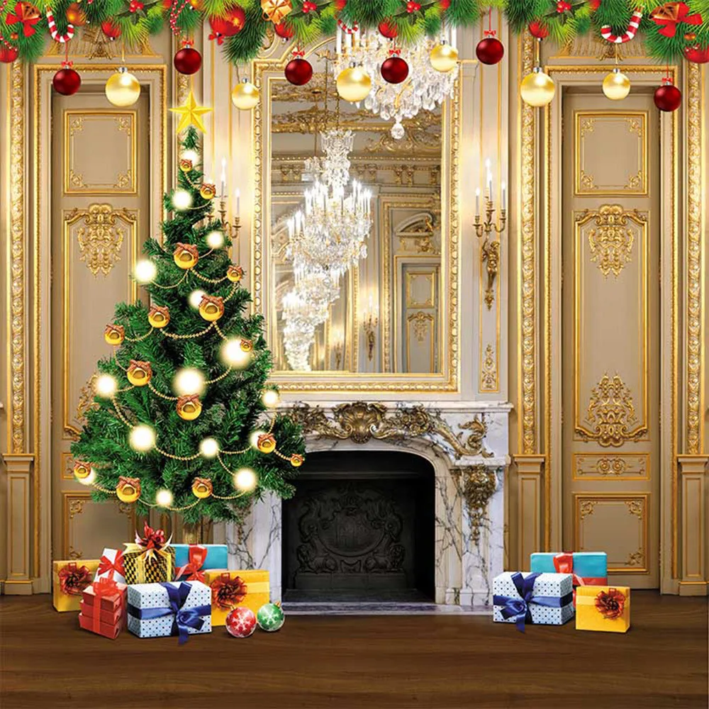 

Merry Xmas Photo Backdrop Luxury Embed Wall Crystal Chandelier Printed Christmas Tree Gold Red Balls Kids Photography Background