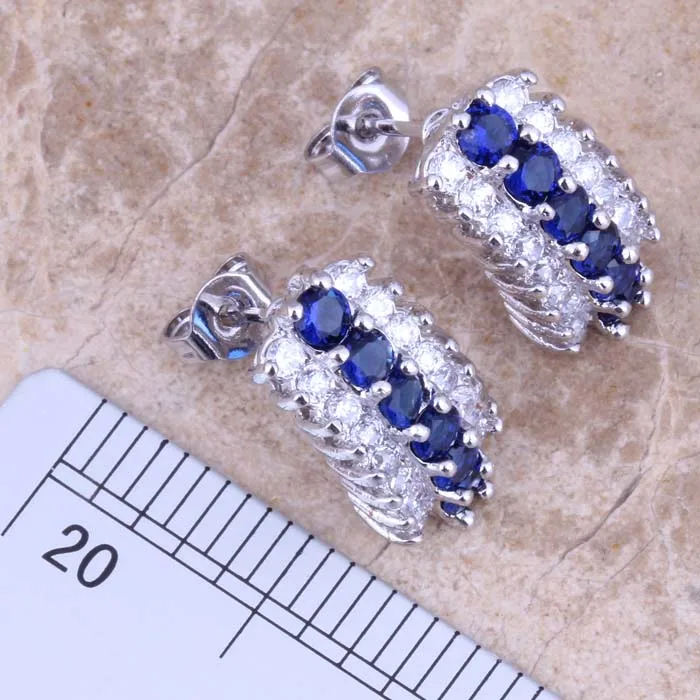 Glaring Blue Cubic Zirconia White CZ Silver Plated Jewelry Sets Earrings Pendant Ring S0542