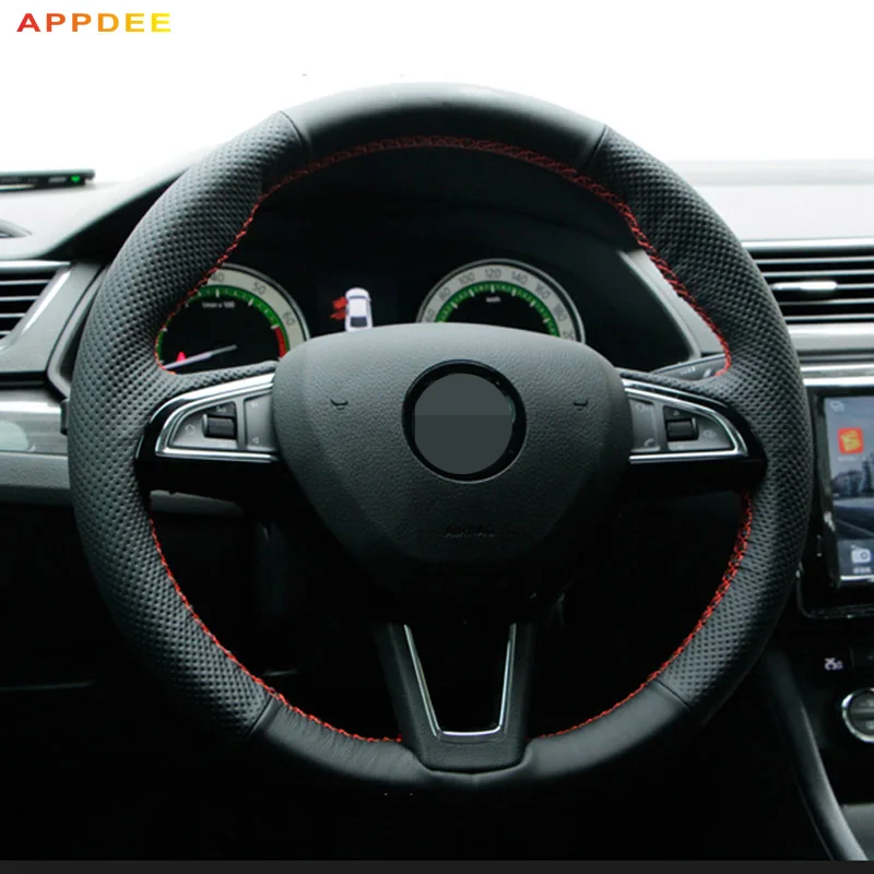 Black Artificial Leather Car Steering Wheel Cover for Skoda Octavia 2017 Fabia 2016 2017 Rapid Spaceback 2016 Superb (3-Spoke)