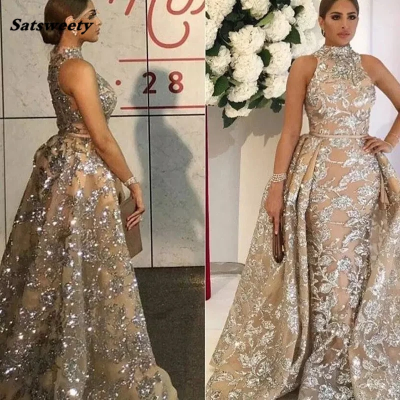 Saudi Arabic Long Crystal Mermaid Formal High Collar Prom Party Gowns Luxury Sparkle With Train Evening Dresses