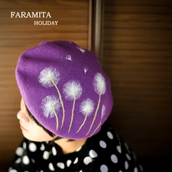 Faramita Holiday Purple Dandelion Romantic Plant Women Manual Wool Beret Originality Decoration Hat Cap Novelty Girls Berets