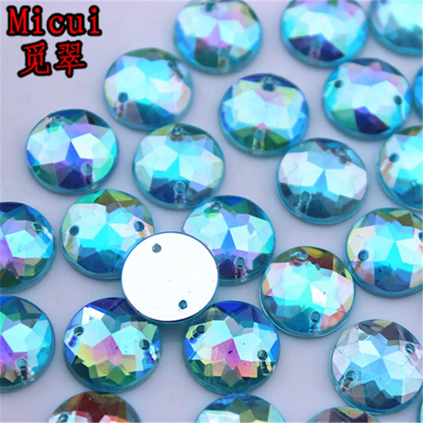 Micui 100PCS 12mm AB Round Acrylic Rhinestones Crystal Flat Back Beads Sew On 2 Holes Stones For Clothing Craft Decoration ZZ327