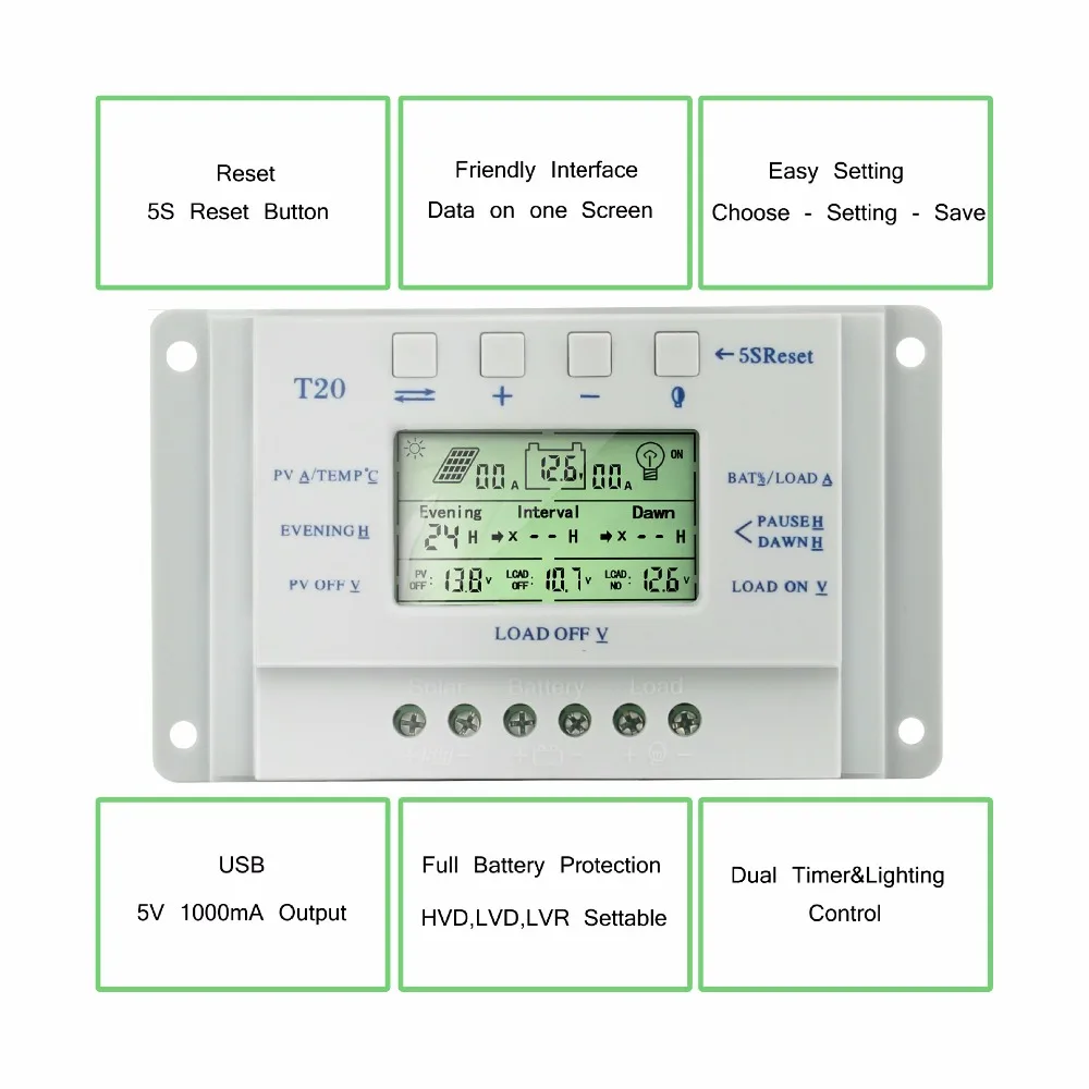 MPPT T20 20A 12V/24V Solar Charge Regulator Auto LCD Display Controller with Load Dual Timer Control for Street Light System