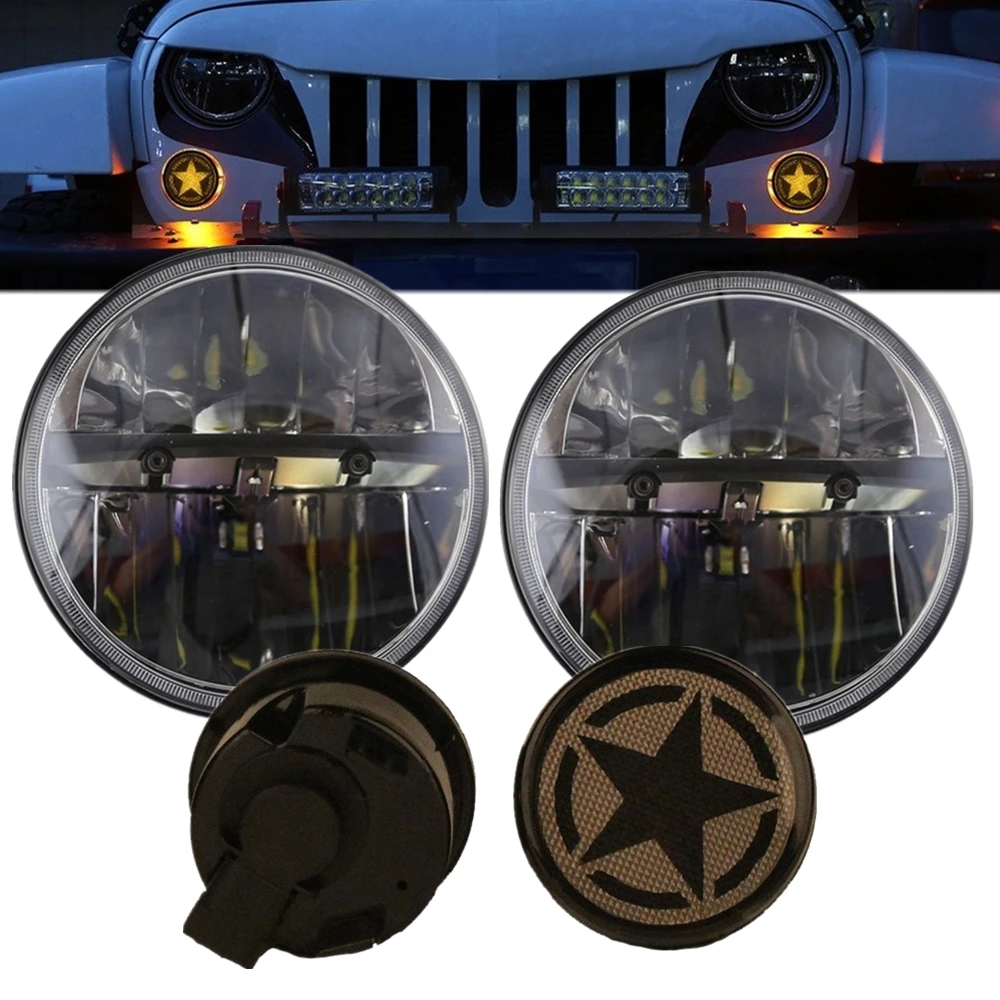 7 Inch LED Headlights + Smoked Five Star Amber Turn Signal Lights Set for Jeep Wrangler Jk 2 Door 4 Door 2007-2018