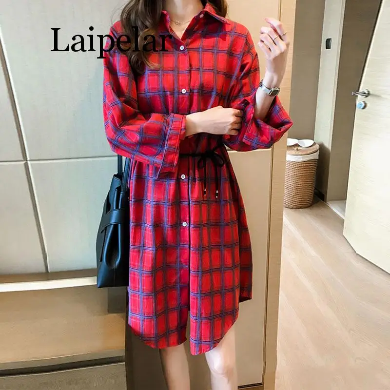 Laipelar Summer Womens Blouses Shirt Plaid 2019 BF Long Sleeve Plus size Long section Women Plaids Shirts Red/Blue/Yellow/White