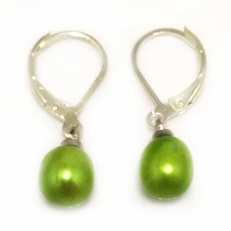 Wholesale 7-8mm Green Natural Rainrdrop Freshwater Pearl Silver Leverback Earring