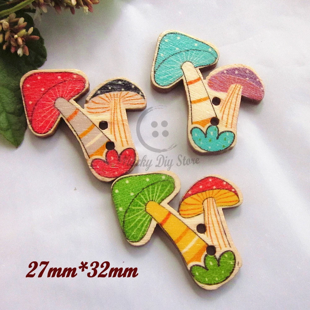 Cartoon wood buttons 50pcs Mixed printing double mushroom shape wood buttons for scrapbooking diy craft decorative accessories