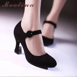 Meotina Women Shoes Mary Jane Pumps Thick High Heels Shoes 2019 Spring Round Toe Casual Shoes Autumn Plain Black Red Size 34-39