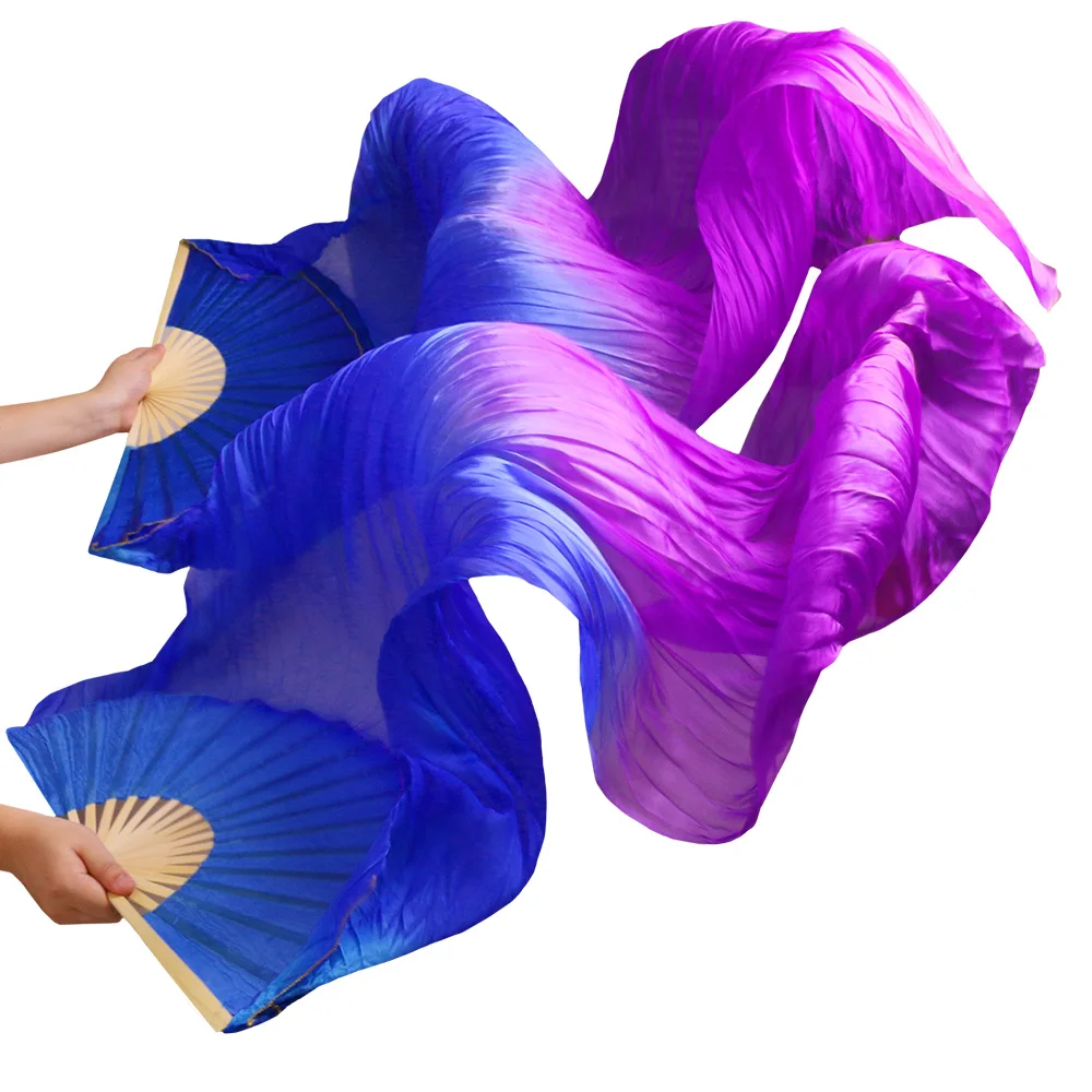 High Quality 100% Real Silk Veils 1 Pair Handmade Dyed Women Belly Dance Silk Fans Dabce Performance Props Blue+Purple 180*90 cm