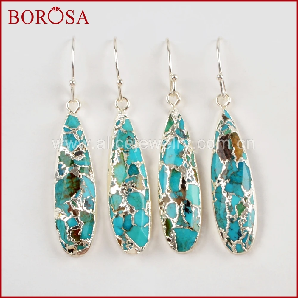 

BOROSA Teardrop Silver Color Natural Copper Turquoises Dangle Earrings Natural Blue Stone Drop Earring Jewelry Accessories